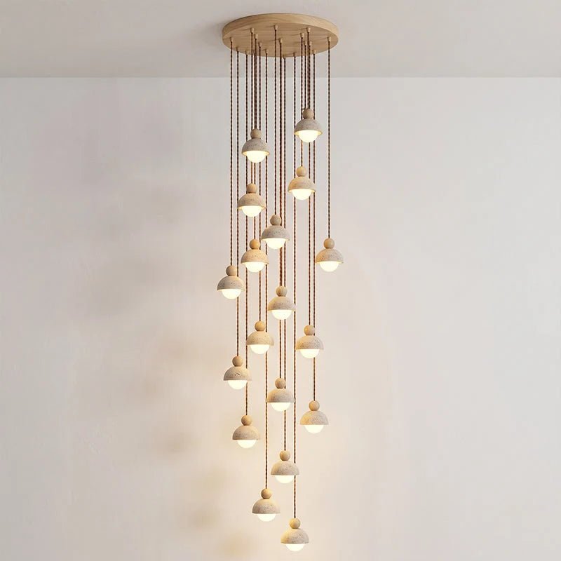 Travertine pendant light featuring a glass shade and wood accent, ideal for modern kitchen lighting over an island or dining table. 10