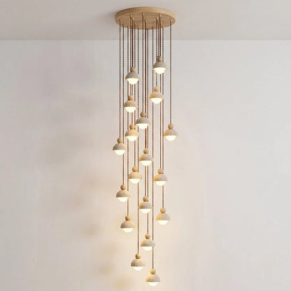 Travertine pendant light featuring a glass shade and wood accent, ideal for modern kitchen lighting over an island or dining table. 10