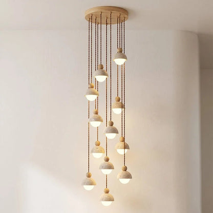Travertine pendant light featuring a glass shade and wood accent, ideal for modern kitchen lighting over an island or dining table. 22