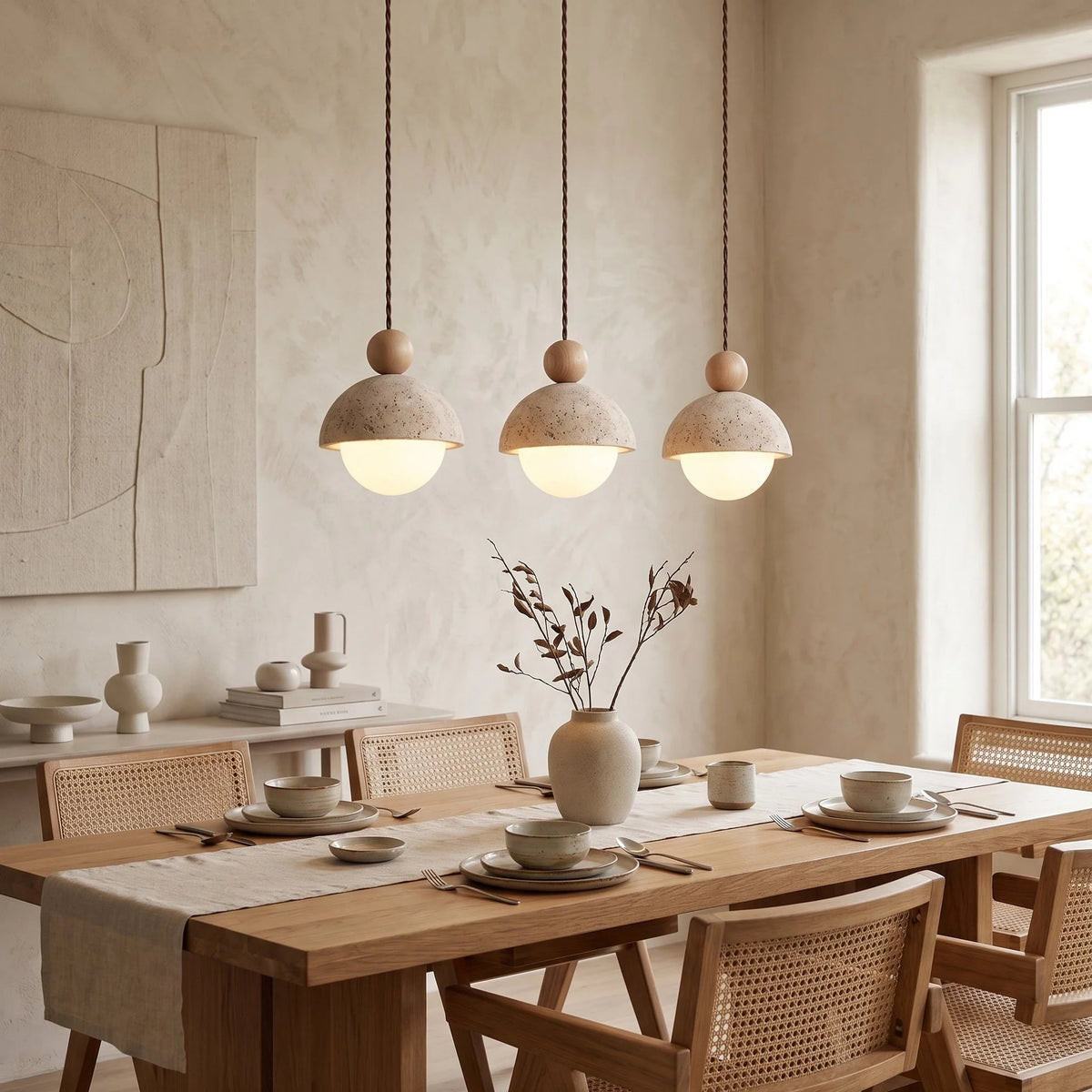 Travertine pendant light featuring a glass shade and wood accent, ideal for modern kitchen lighting over an island or dining table. 4
