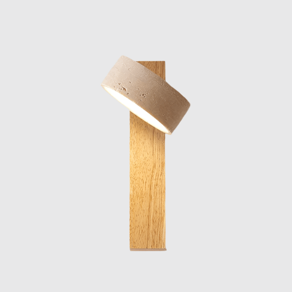 Travertine wall lamp featuring a swivel LED design with a minimalist stone and wood aesthetic, emitting a soft ivory light for elegant home decor. 0