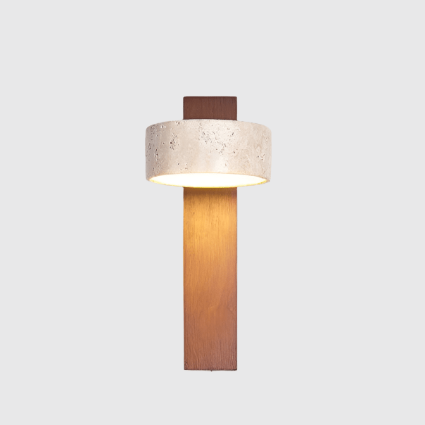 Travertine wall lamp featuring a swivel LED design with a minimalist stone and wood aesthetic, emitting a soft ivory light for elegant home decor. 9