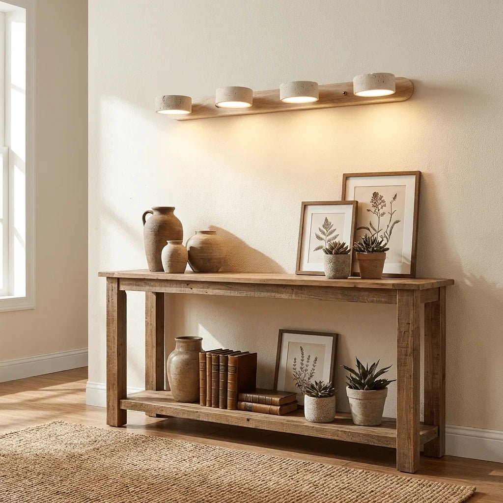 Travertine wall light with integrated LED, showcasing a warm ambient glow, ideal for bathroom and hallway decor, featuring a natural stone design. 7