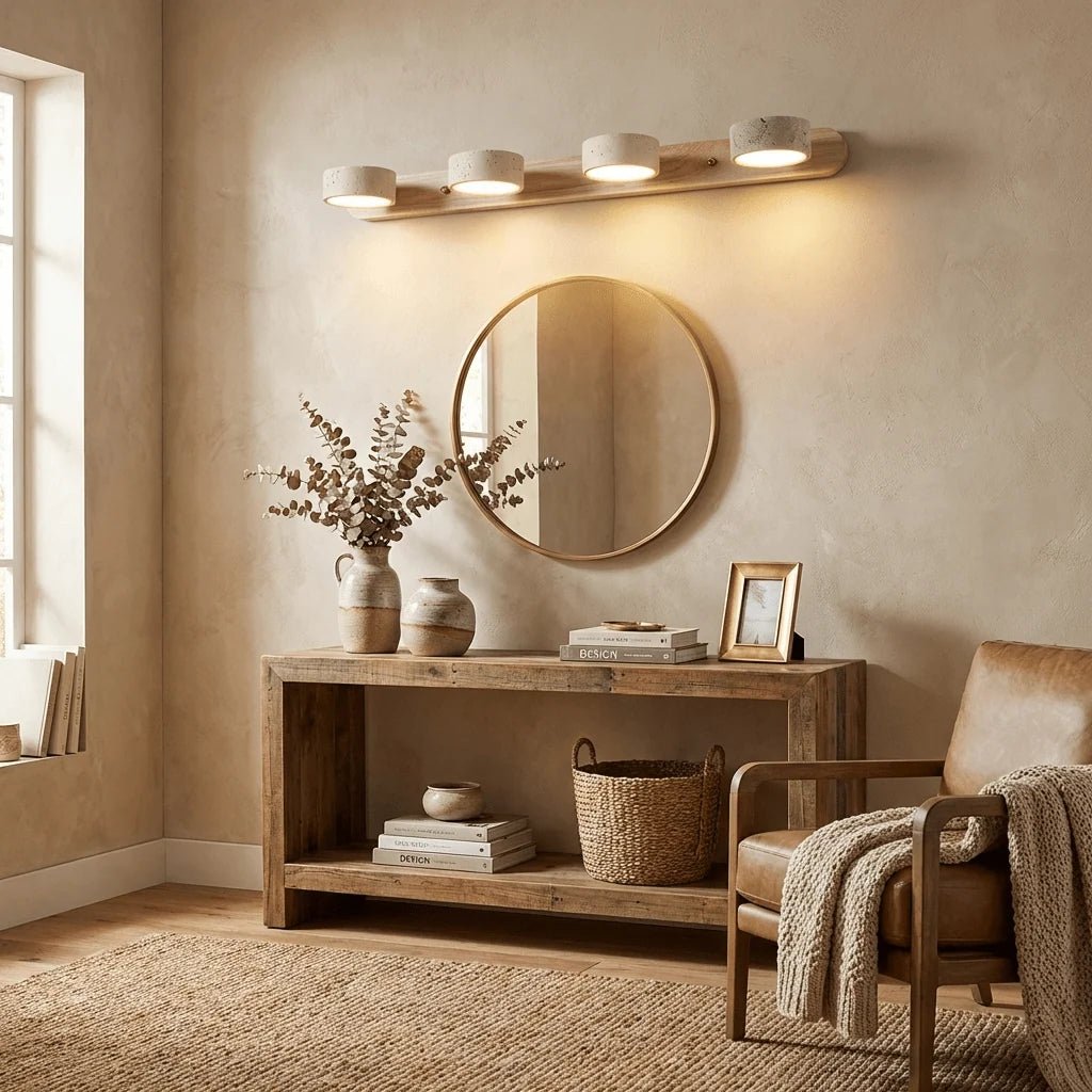 Travertine wall light with integrated LED, showcasing a warm ambient glow, ideal for bathroom and hallway decor, featuring a natural stone design. 4