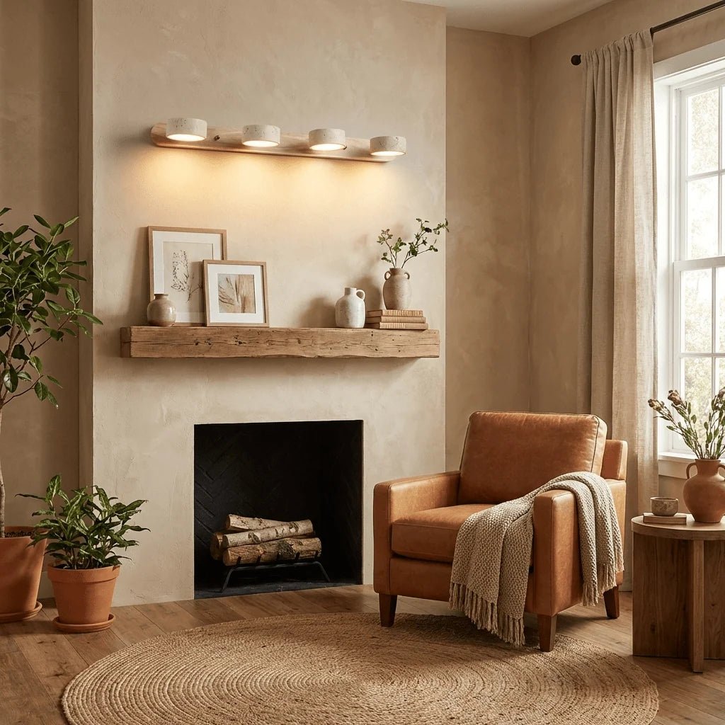 Travertine wall light with integrated LED, showcasing a warm ambient glow, ideal for bathroom and hallway decor, featuring a natural stone design. 8