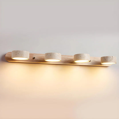 Travertine wall light with integrated LED, showcasing a warm ambient glow, ideal for bathroom and hallway decor, featuring a natural stone design. 9