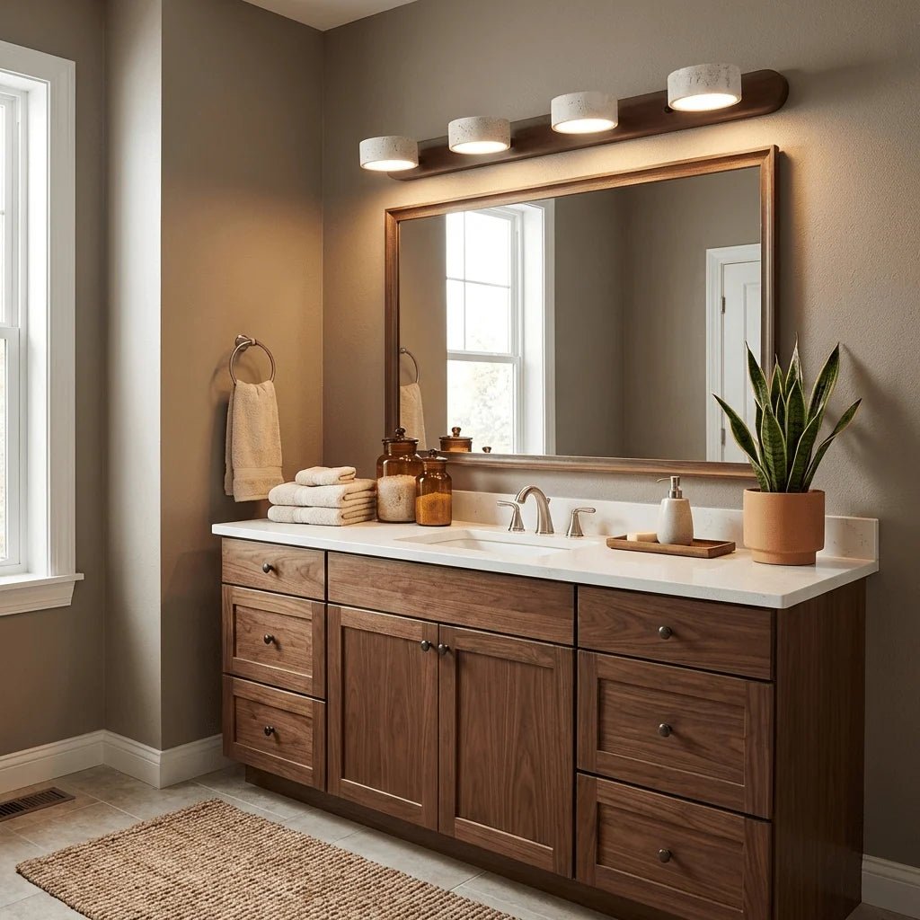 Travertine wall light with integrated LED, showcasing a warm ambient glow, ideal for bathroom and hallway decor, featuring a natural stone design. 3