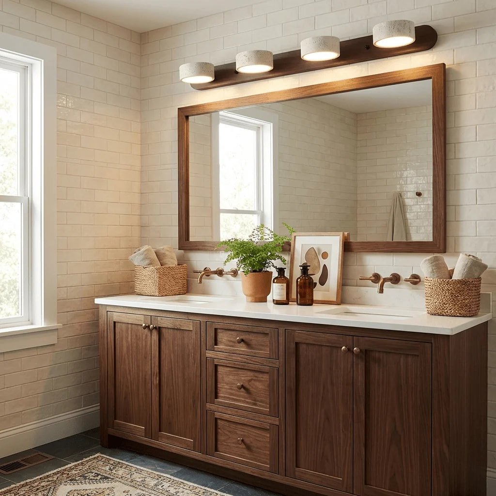 Travertine wall light with integrated LED, showcasing a warm ambient glow, ideal for bathroom and hallway decor, featuring a natural stone design. 6