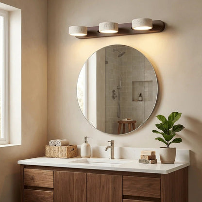 Travertine wall light with integrated LED, showcasing a warm ambient glow, ideal for bathroom and hallway decor, featuring a natural stone design. 2
