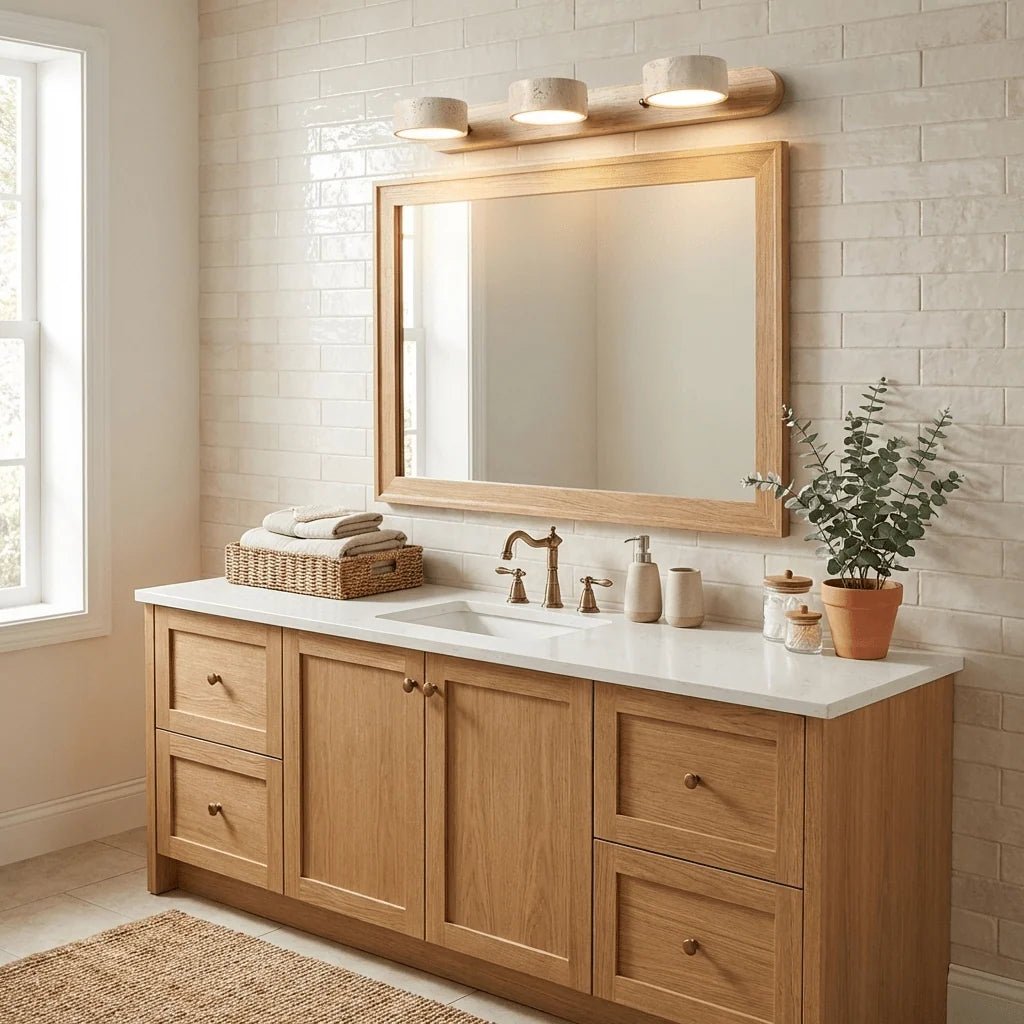 Travertine wall light with integrated LED, showcasing a warm ambient glow, ideal for bathroom and hallway decor, featuring a natural stone design. 5