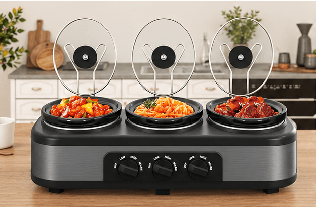 Triple Slow Cooker with Individual Heat Controls and Lid Rests