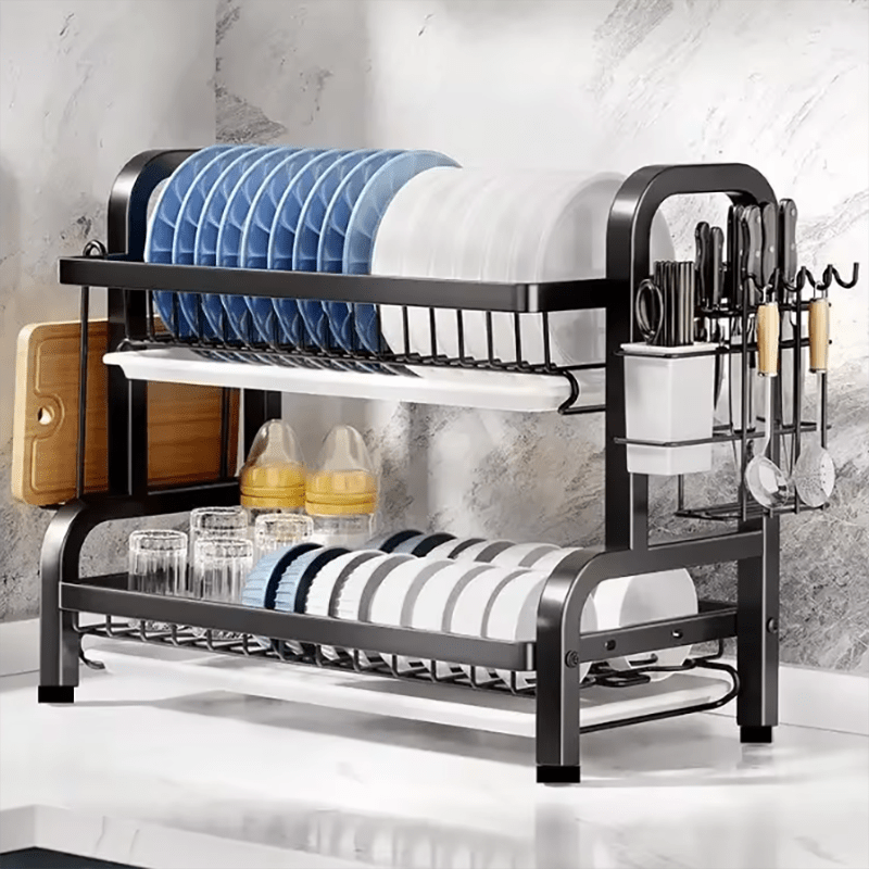 Two-Tier Dish Drying Rack with Built-In Water Drain, Compact Metal Kitchen Organizer for Efficient Dish Storage and Drying 2