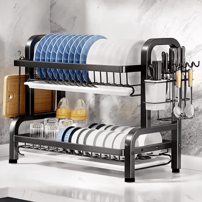 Two-Tier Dish Drying Rack with Built-In Water Drain, Compact Metal Kitchen Organizer for Efficient Dish Storage and Drying 2