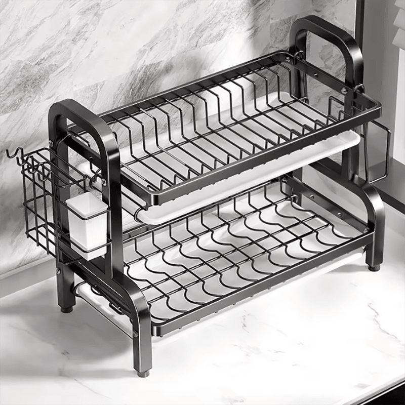 Two-Tier Dish Drying Rack with Built-In Water Drain, Compact Metal Kitchen Organizer for Efficient Dish Storage and Drying 0