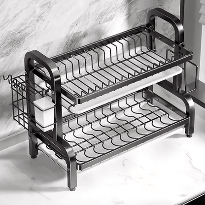 Two-Tier Dish Drying Rack with Built-In Water Drain, Compact Metal Kitchen Organizer for Efficient Dish Storage and Drying 0