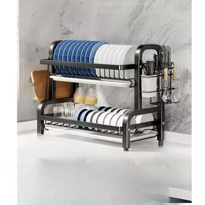 Two-Tier Dish Drying Rack with Built-In Water Drain, Compact Metal Kitchen Organizer for Efficient Dish Storage and Drying 1