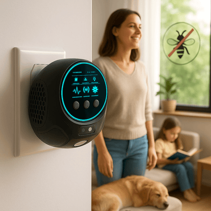 Ultrasonic bee and wasp repellent device providing 360° coverage for effective, chemical-free pest control in home and outdoor settings. 1