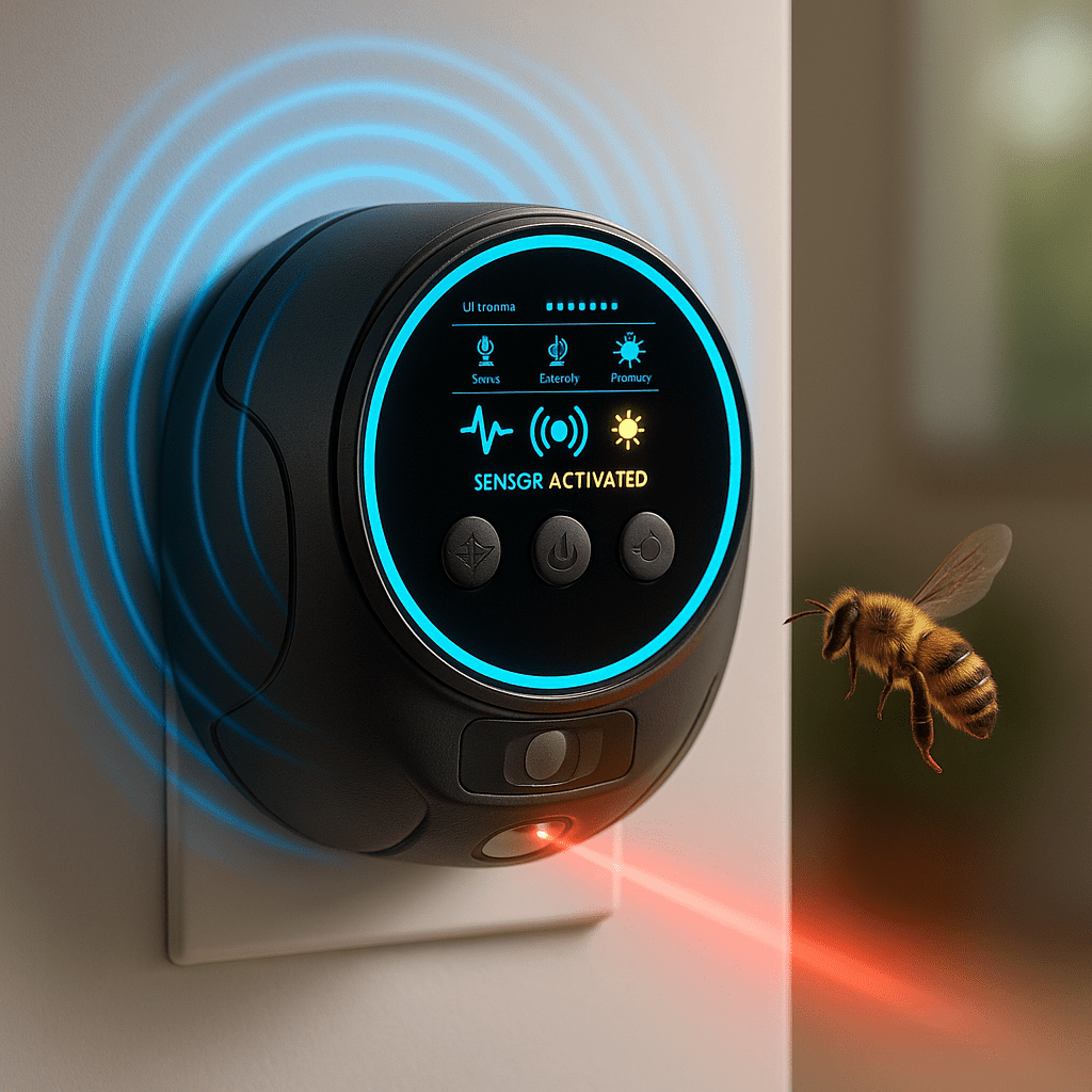 Ultrasonic bee and wasp repellent device providing 360° coverage for effective, chemical-free pest control in home and outdoor settings. 0