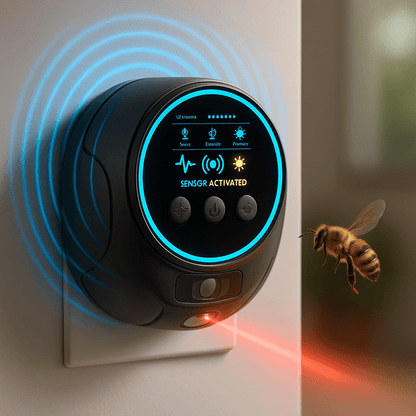 Ultrasonic bee and wasp repellent device providing 360° coverage for effective, chemical-free pest control in home and outdoor settings. 0