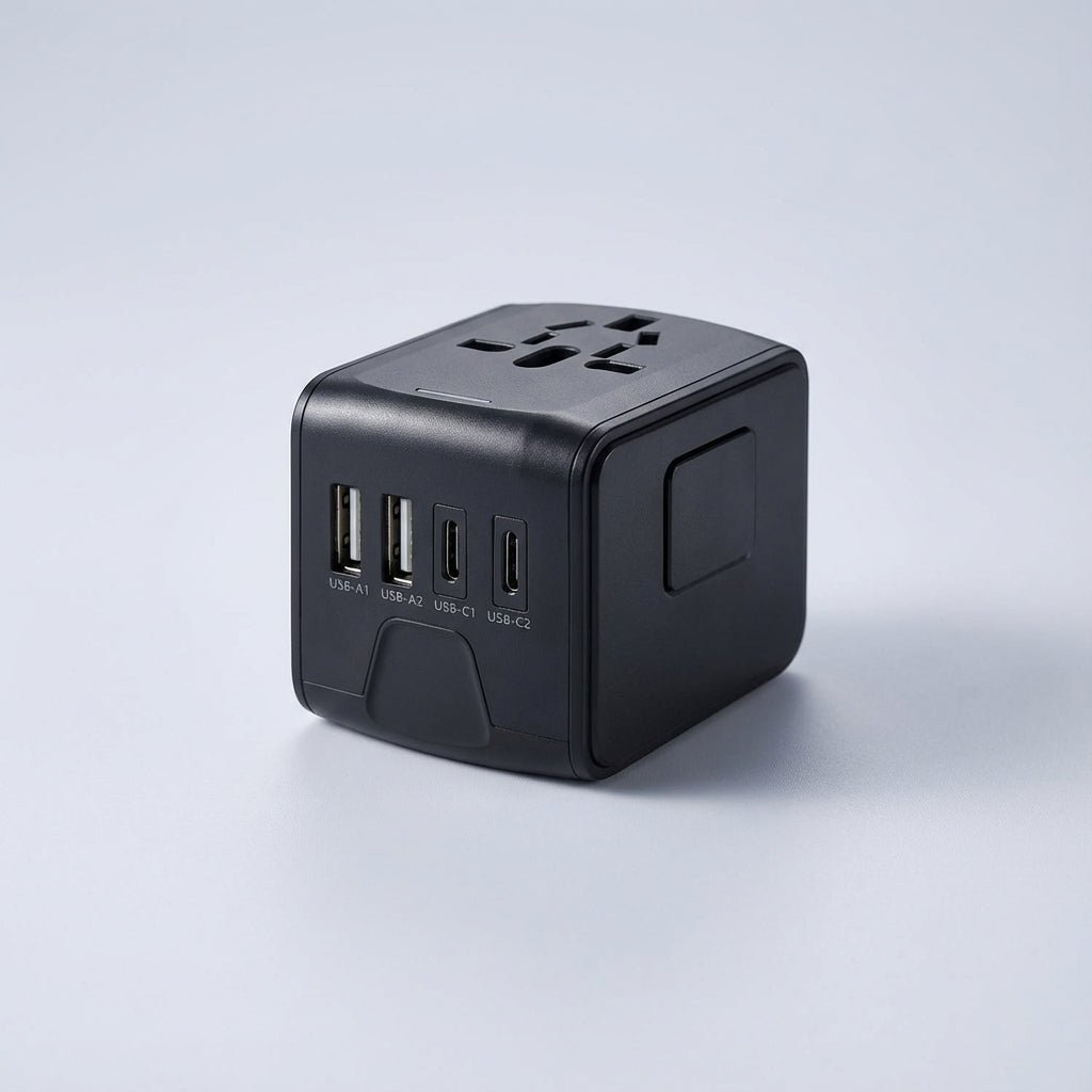 Universal travel adapter featuring dual USB ports and an AC socket, designed for global use, compact size ideal for charging multiple devices while traveling. 0