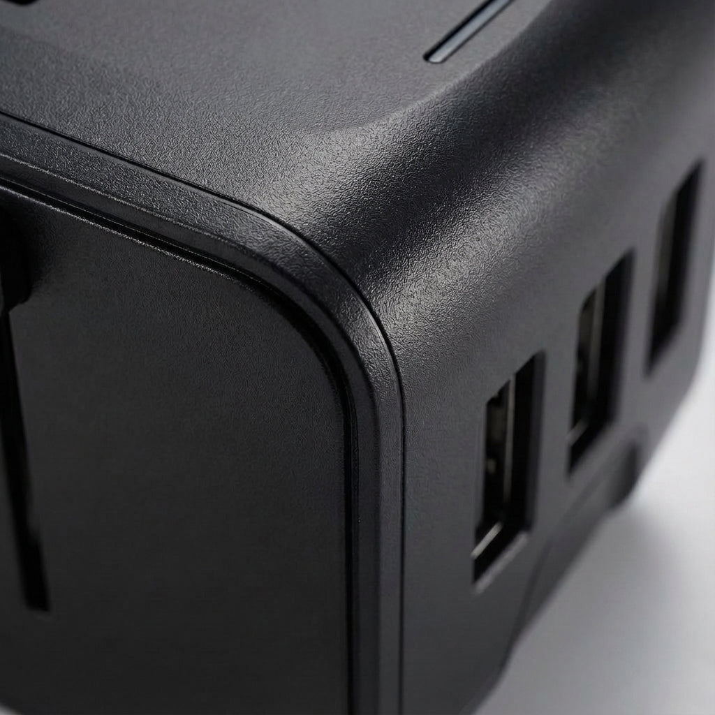 Universal travel adapter featuring dual USB ports and an AC socket, designed for global use, compact size ideal for charging multiple devices while traveling. 3