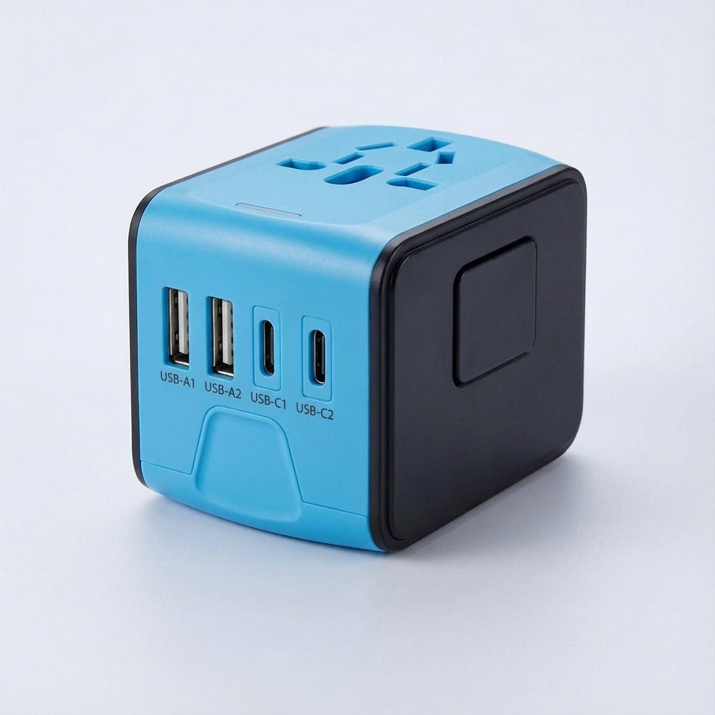 Universal travel adapter featuring dual USB ports and an AC socket, designed for global use, compact size ideal for charging multiple devices while traveling. 4