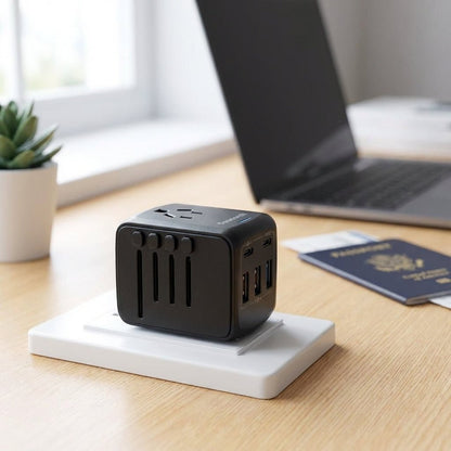Universal travel adapter featuring dual USB ports and an AC socket, designed for global use, compact size ideal for charging multiple devices while traveling. 1