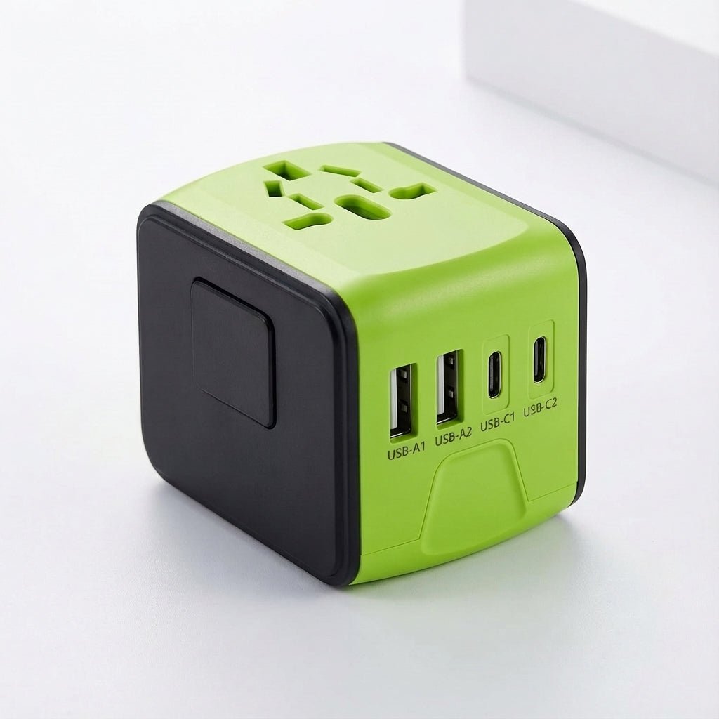Universal travel adapter featuring dual USB ports and an AC socket, designed for global use, compact size ideal for charging multiple devices while traveling. 5