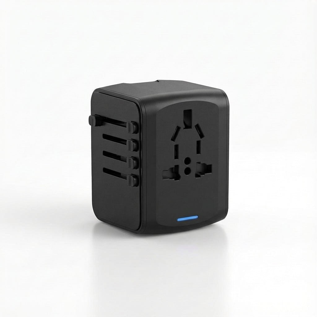 Universal travel adapter featuring dual USB ports and an AC socket, designed for global use, compact size ideal for charging multiple devices while traveling. 2