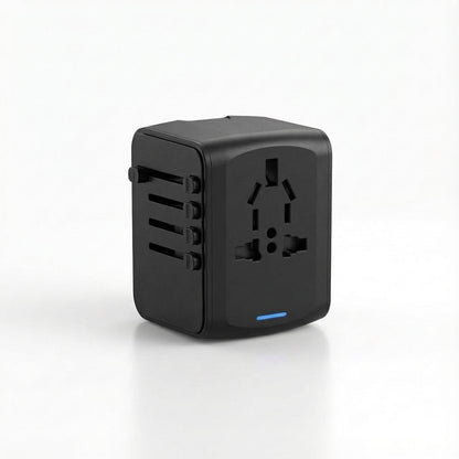 Universal travel adapter featuring dual USB ports and an AC socket, designed for global use, compact size ideal for charging multiple devices while traveling. 2