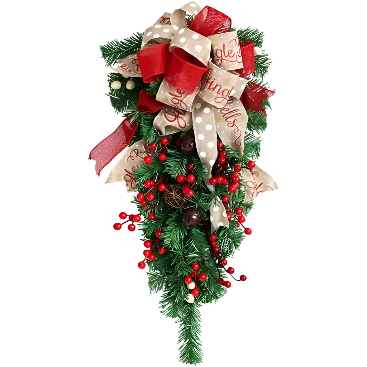 Upside Down Christmas Tree Door Swag with Bows and Berries, 60cm PVC Holiday Decoration, festive and unique holiday decor for doorways 3