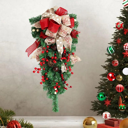 Upside Down Christmas Tree Door Swag with Bows and Berries, 60cm PVC Holiday Decoration, festive and unique holiday decor for doorways 2