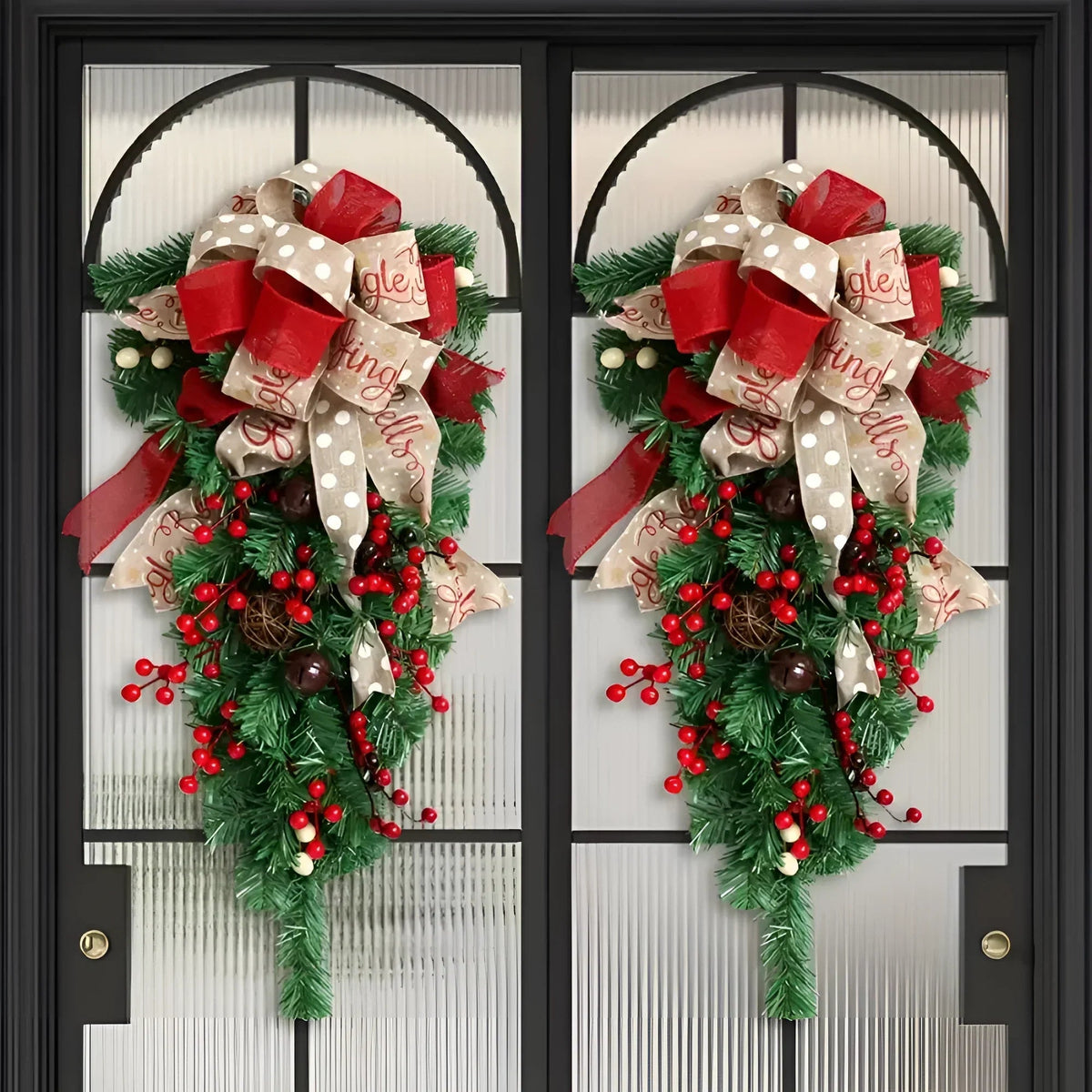 Upside Down Christmas Tree Door Swag with Bows and Berries, 60cm PVC Holiday Decoration, festive and unique holiday decor for doorways 1