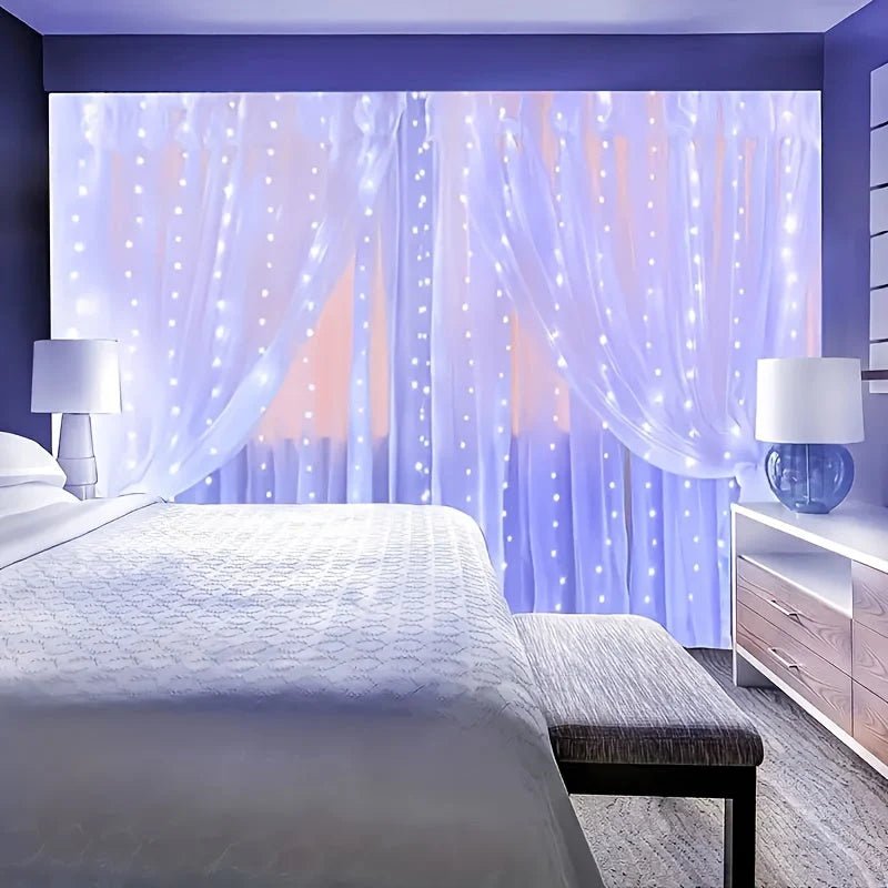 USB curtain fairy lights featuring 8 lighting modes, available in two sizes, with warm white and multicolor options for enchanting home decor. 3