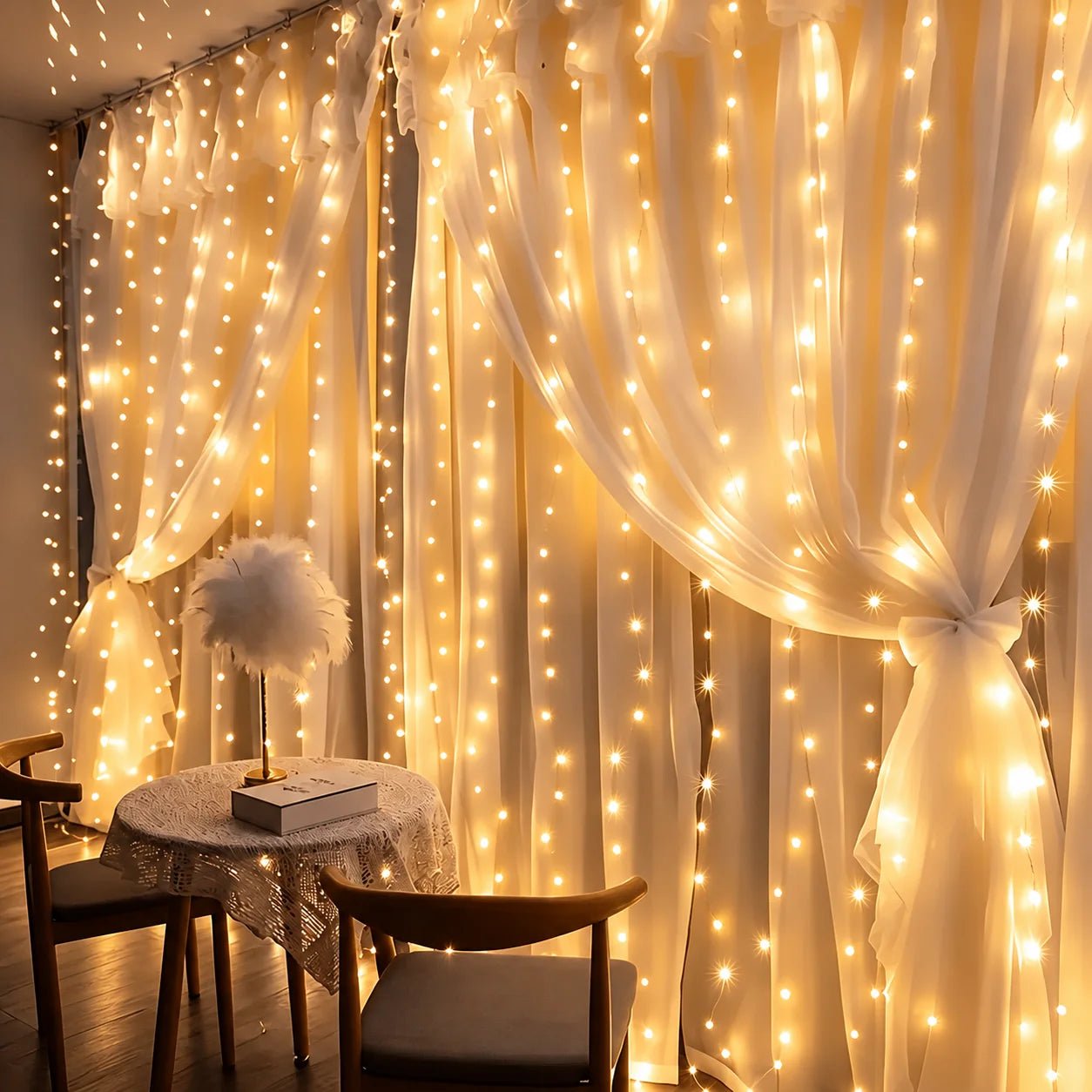 USB curtain fairy lights featuring 8 lighting modes, available in two sizes, with warm white and multicolor options for enchanting home decor. 0