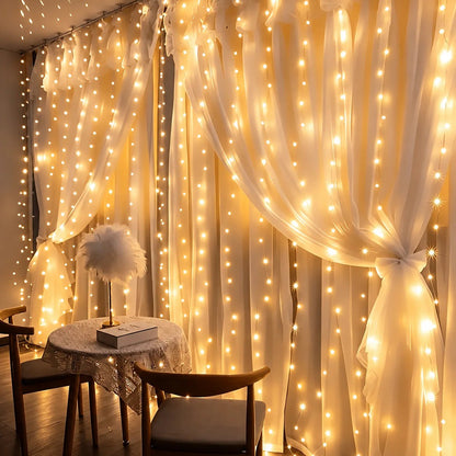 USB curtain fairy lights featuring 8 lighting modes, available in two sizes, with warm white and multicolor options for enchanting home decor. 0