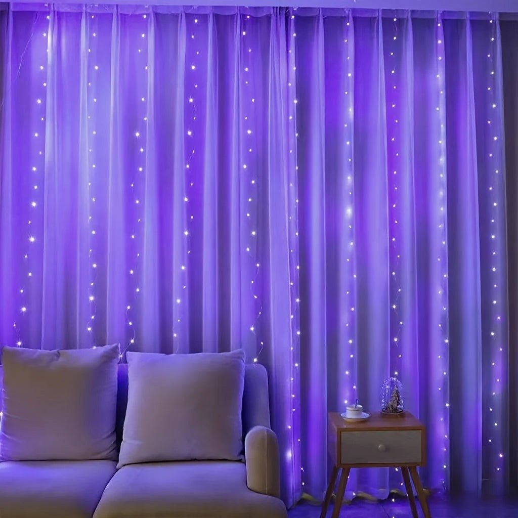USB curtain fairy lights featuring 8 lighting modes, available in two sizes, with warm white and multicolor options for enchanting home decor. 4