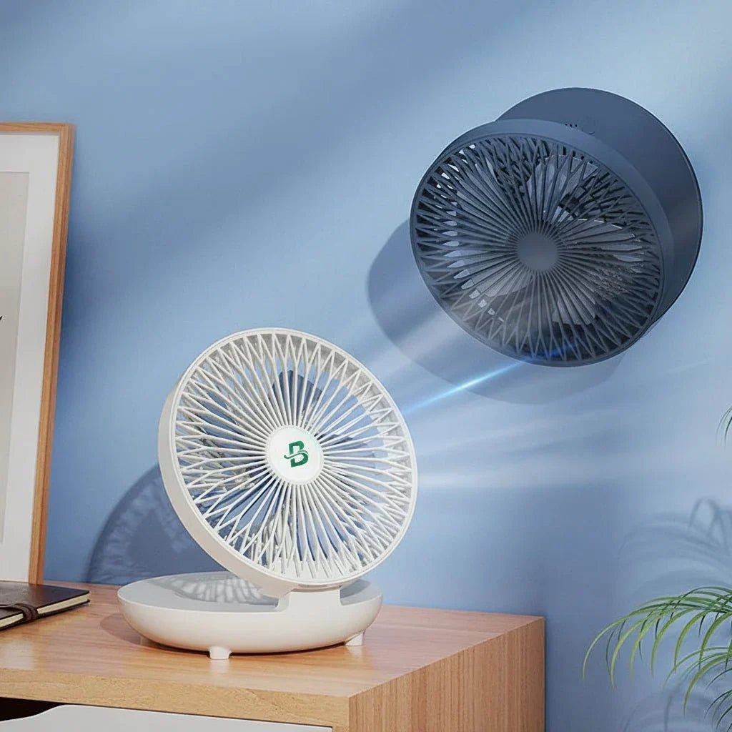 USB desk fan with three speed settings, featuring a foldable design for portability, ideal for home or travel use. 1