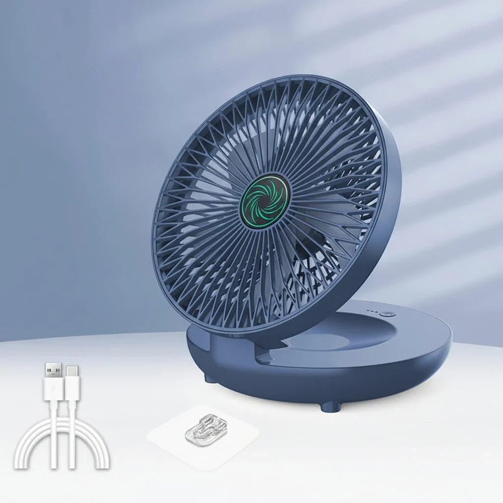 USB desk fan with three speed settings, featuring a foldable design for portability, ideal for home or travel use. 6