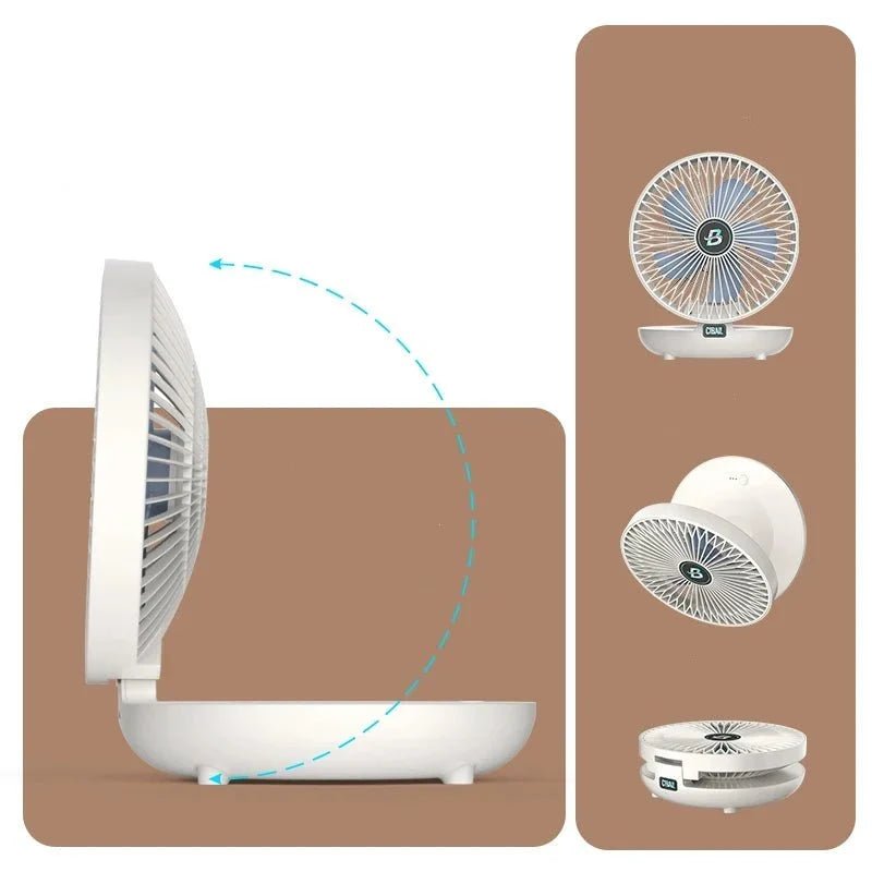USB desk fan with three speed settings, featuring a foldable design for portability, ideal for home or travel use. 4