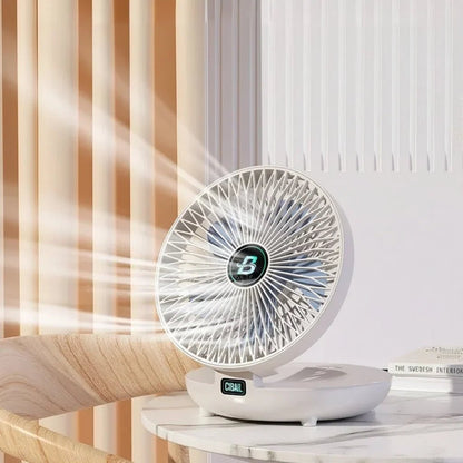 USB desk fan with three speed settings, featuring a foldable design for portability, ideal for home or travel use. 7