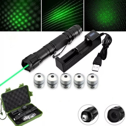 USB rechargeable green laser pointer featuring a long-range beam and a durable aluminum build, ideal for presentations and outdoor use. 8