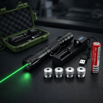 USB rechargeable green laser pointer featuring a long-range beam and a durable aluminum build, ideal for presentations and outdoor use. 0