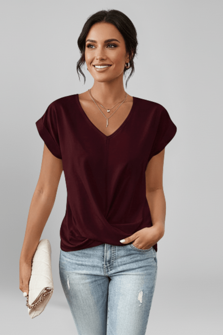 V Neck Women's Blouse with Short Sleeves in Lightweight Fabric, perfect for casual chic style, featuring a flattering fit and versatile design for everyday wear. 11