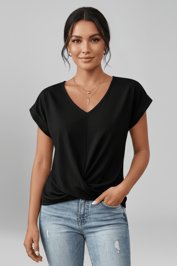 V Neck Women's Blouse with Short Sleeves in Lightweight Fabric, perfect for casual chic style, featuring a flattering fit and versatile design for everyday wear. 5
