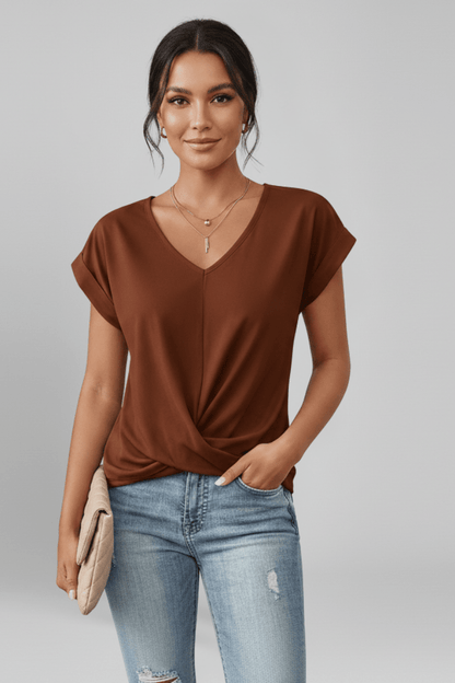 V Neck Women's Blouse with Short Sleeves in Lightweight Fabric, perfect for casual chic style, featuring a flattering fit and versatile design for everyday wear. 6