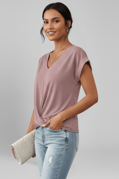 V Neck Women's Blouse with Short Sleeves in Lightweight Fabric, perfect for casual chic style, featuring a flattering fit and versatile design for everyday wear. 3