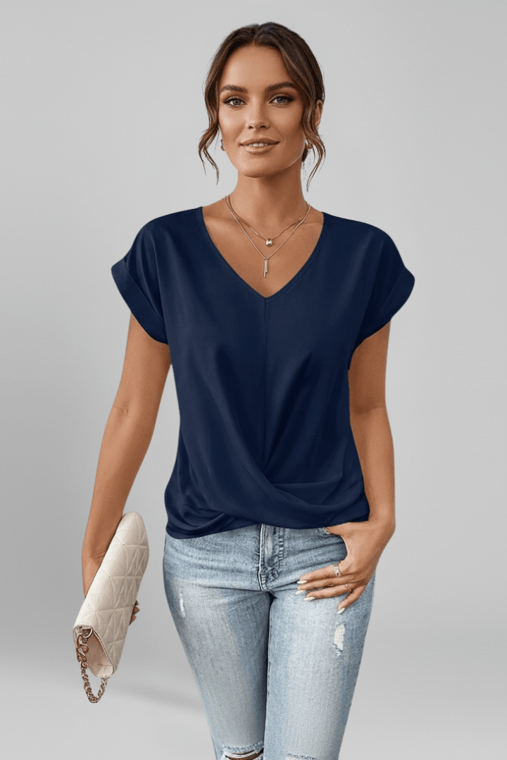 V Neck Women's Blouse with Short Sleeves in Lightweight Fabric, perfect for casual chic style, featuring a flattering fit and versatile design for everyday wear. 7