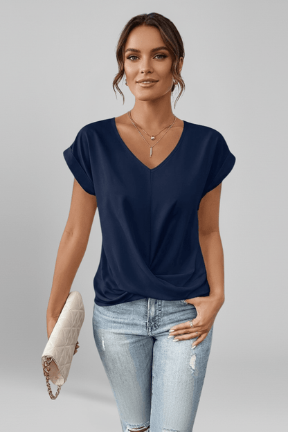 V Neck Women's Blouse with Short Sleeves in Lightweight Fabric, perfect for casual chic style, featuring a flattering fit and versatile design for everyday wear. 7