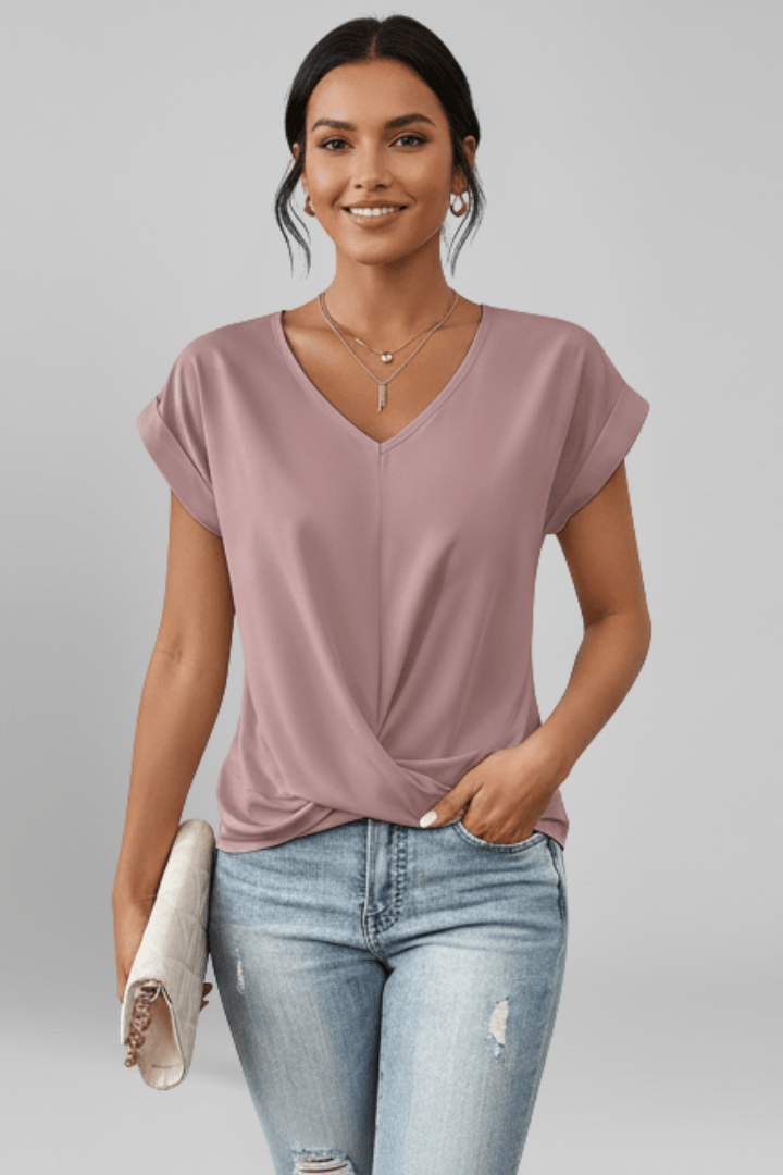 V Neck Women's Blouse with Short Sleeves in Lightweight Fabric, perfect for casual chic style, featuring a flattering fit and versatile design for everyday wear. 0